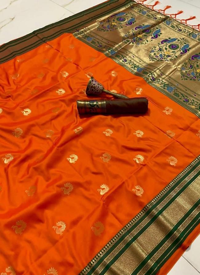 Paithani Silk Orange Traditional Wear Zari Work Saree